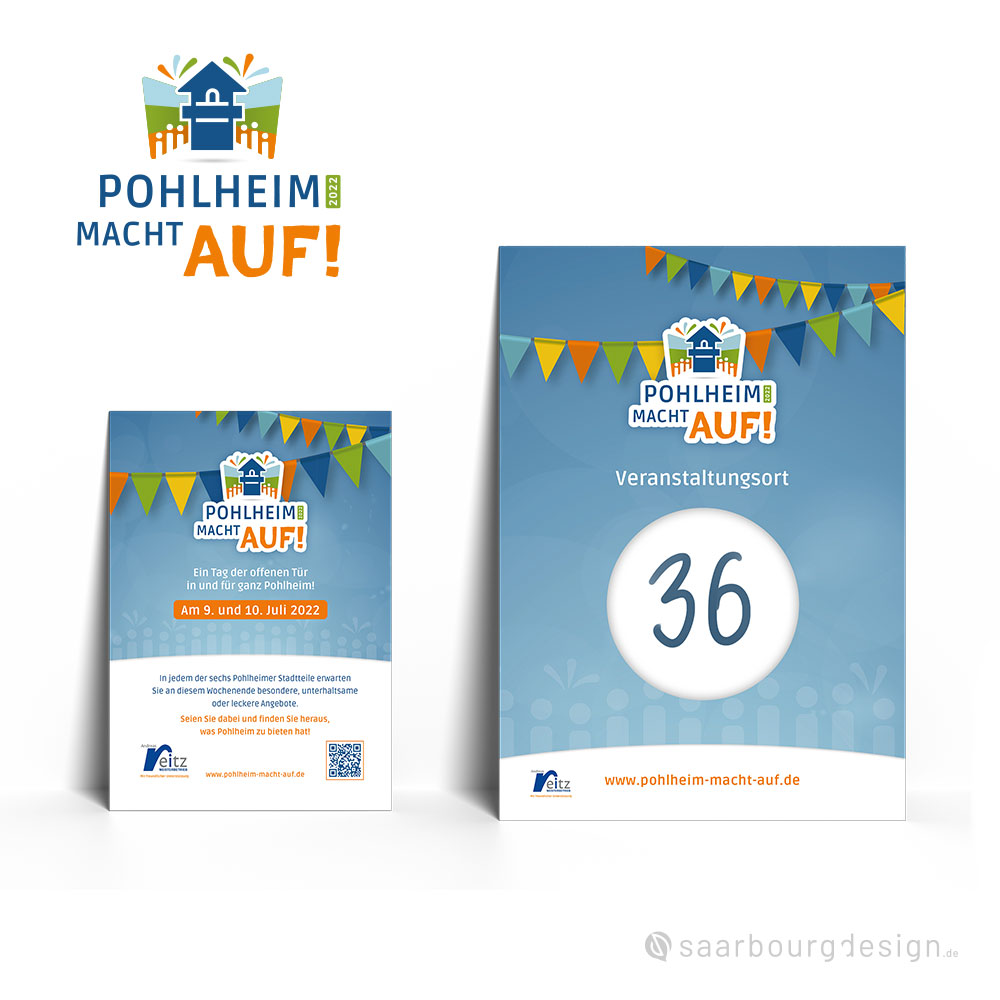 Plakatserie mit Veranstaltungstiteln und dem Slogan „Pohlheim macht auf“