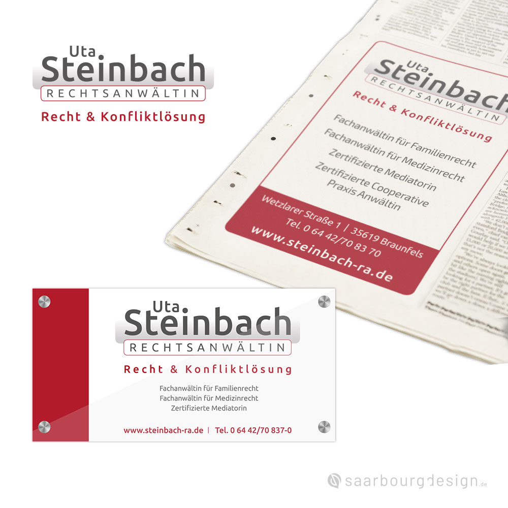 Darstellung von Firmenschild und Zeitungsanzeige der Rechtsanwältin Uta Steinbach