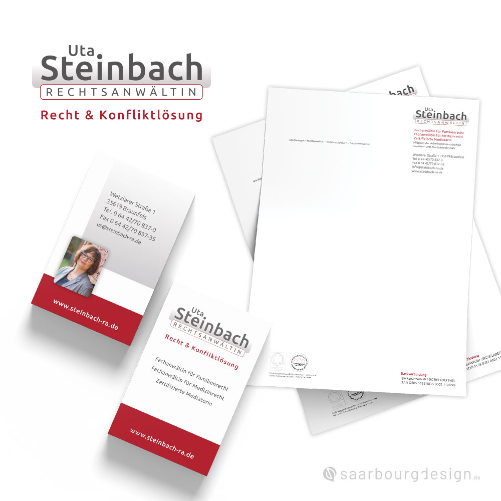 Darstellung von Visitenkarten und Briefpapier der Rechtsanwältin Uta Steinbach