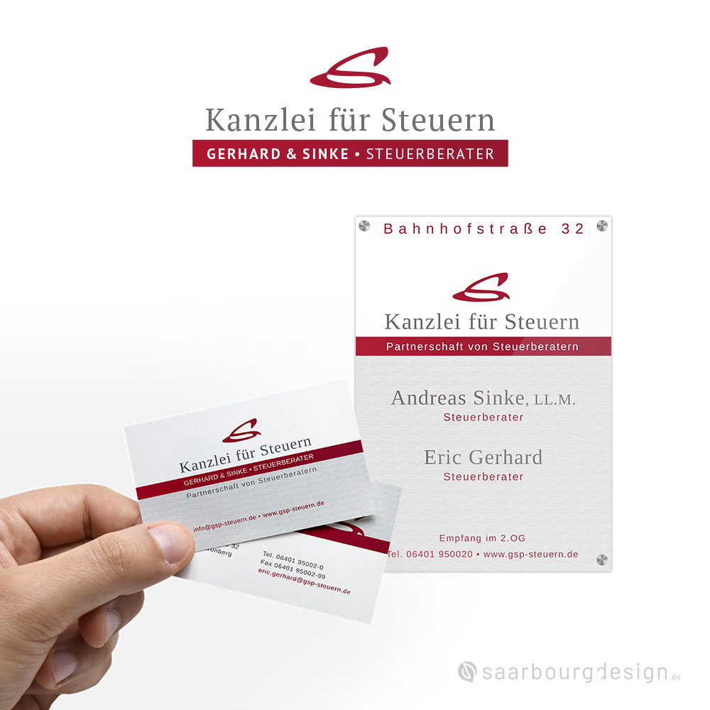 Visitenkarten und Kanzleischild mit Logo der Kanzlei für Steuern Gerhard & Sinke