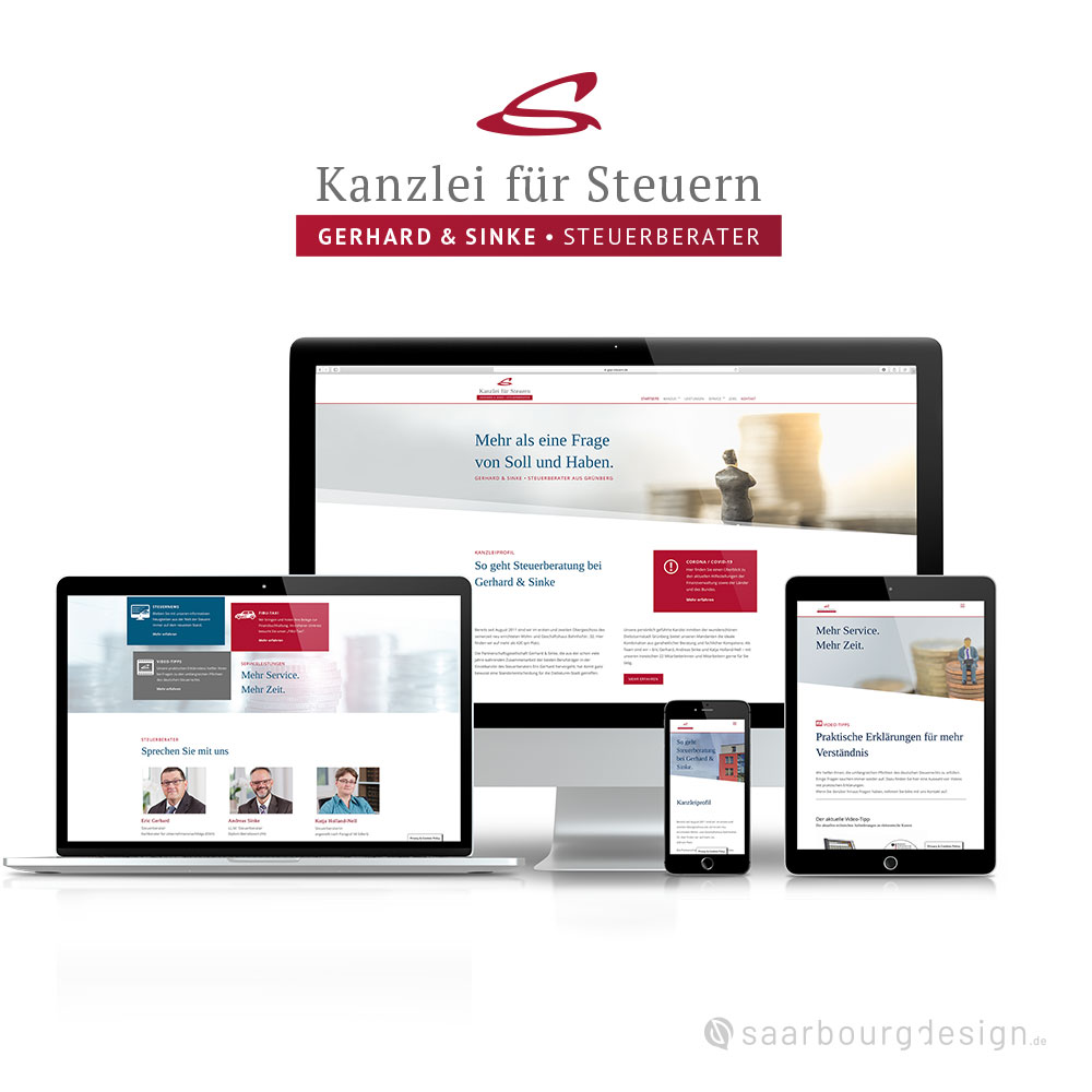 Responsive Website der Kanzlei für Steuern Gerhard & Sinke auf Desktop, Tablet und Smartphone