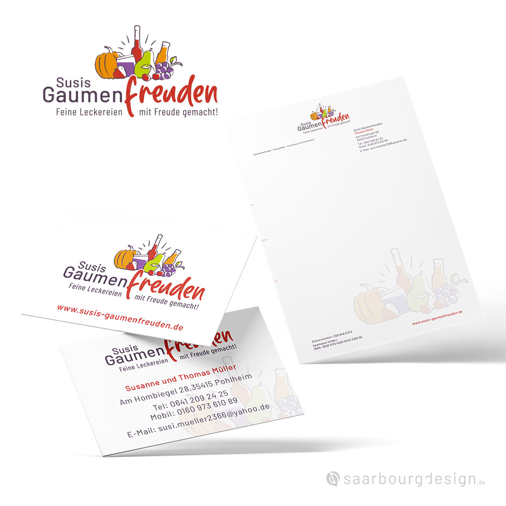 Darstellung von Visitenkarten und Briefpapier von Susis Gaumenfreuden