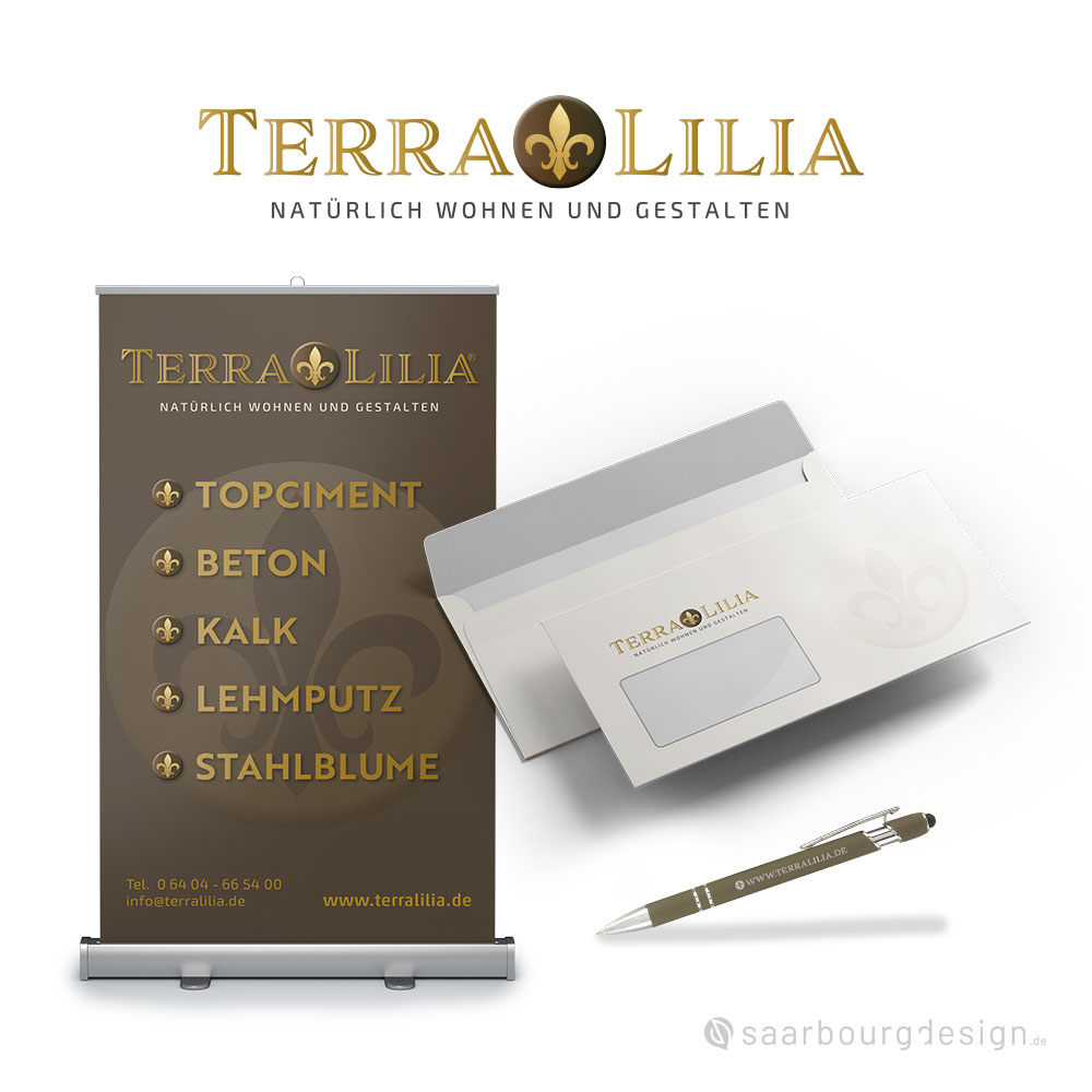 Darstellung von RollUp, Briefumschläge und Kuli von Terra Lilia - Natürlich Wohnen und Gestalten