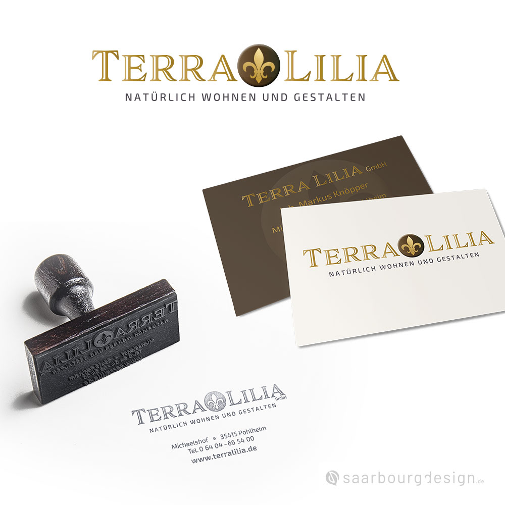 Darstellung von Stempel und Visitenkarten von Terra Lilia - Natürlich Wohnen und Gestalten