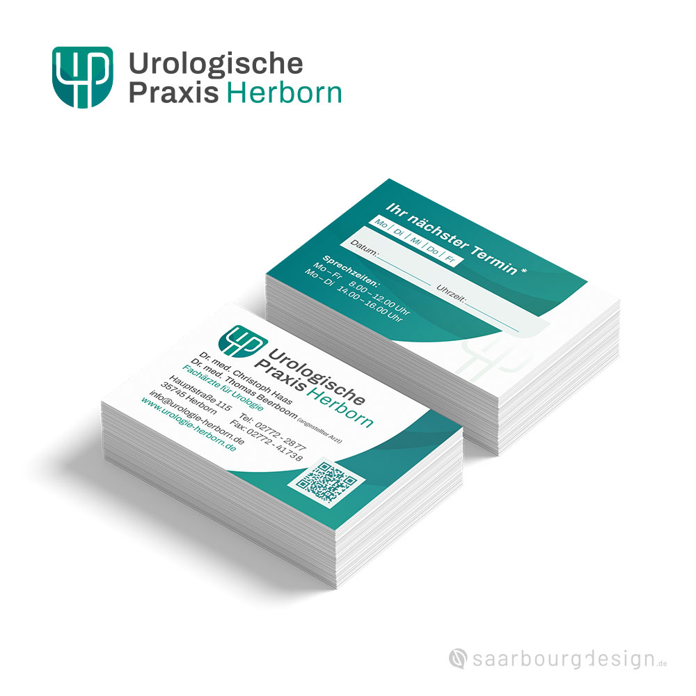 Visitenkarten der Urologischen Praxis Herborn mit QR-Code und Terminfeld