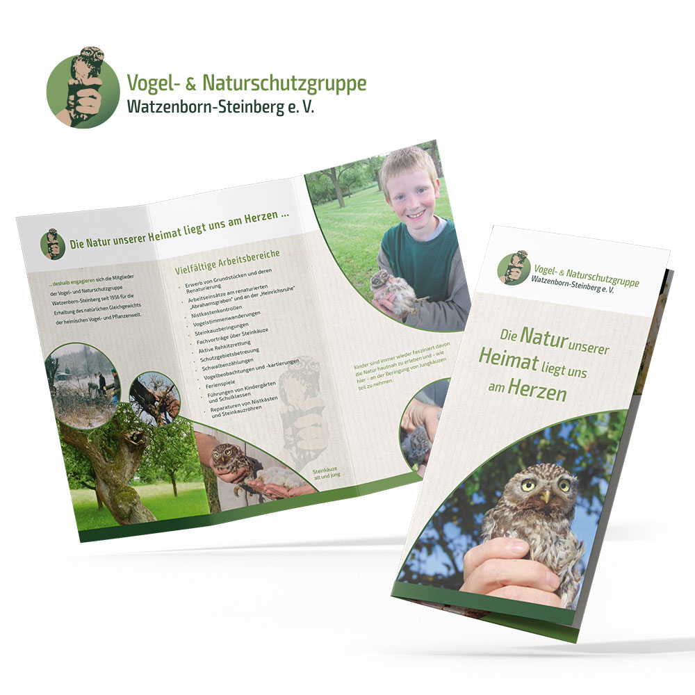 Infoflyer der Vogel- und Naturschutzgruppe mit Fotos und Text über die Vereinsarbeit