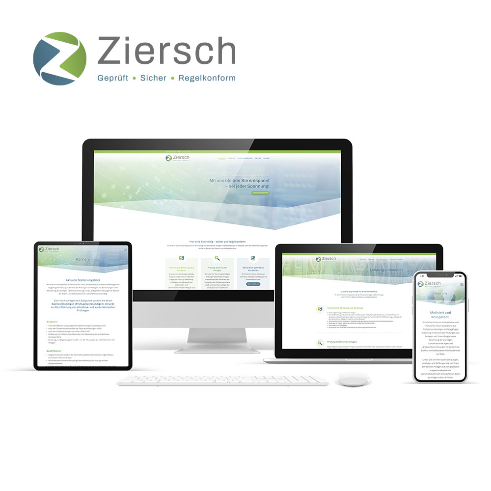 Responsive Website der Prüfsachverständigengesellschaft Ziersch auf Desktop, Tablet und Smartphone