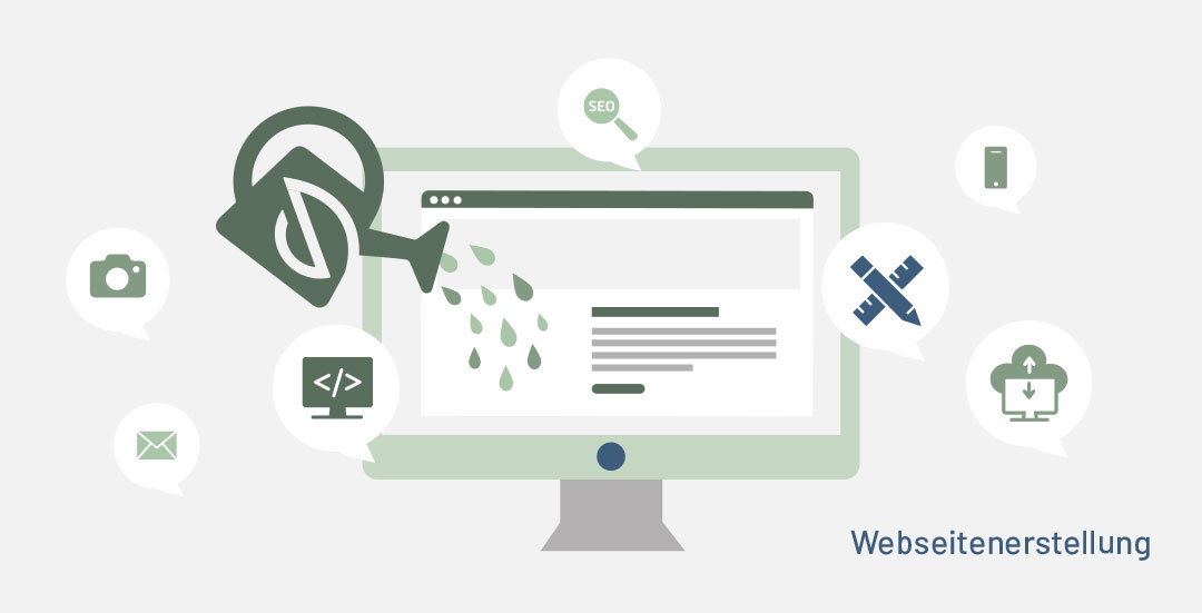 Illustration zur Webseitenerstellung mit Monitor, Browserfenster und Designsymbolen