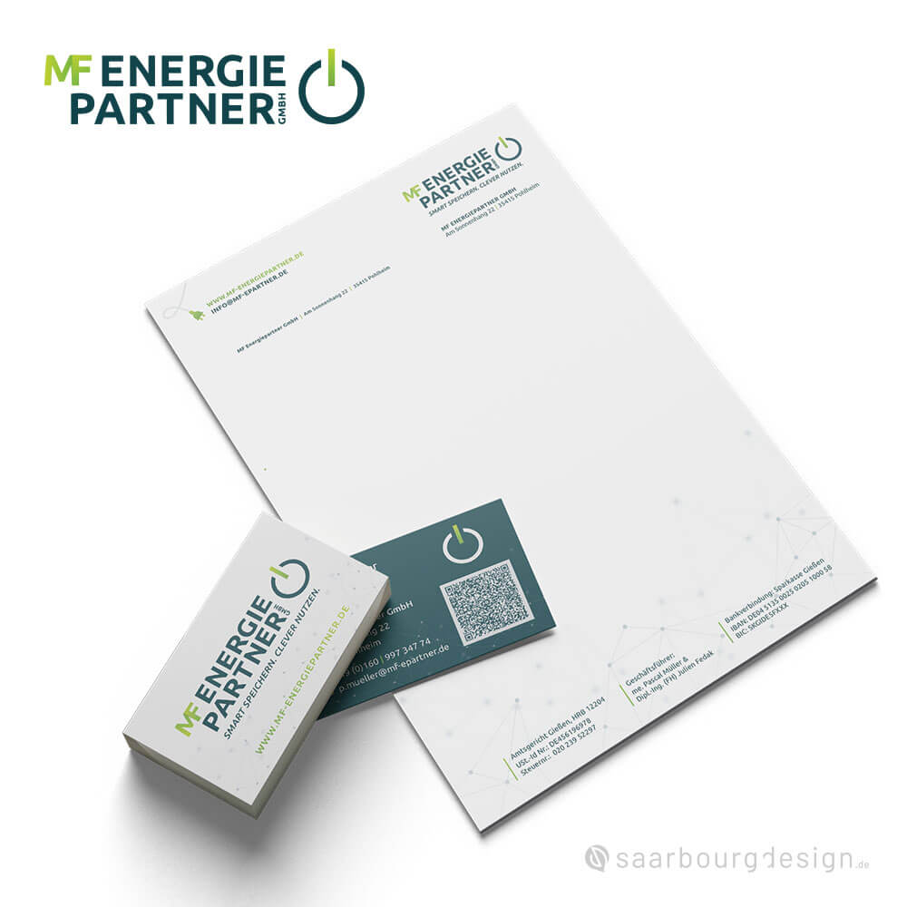 Briefpapier und Visitenkarten von MF Energiepartner GmbH im Corporate Design