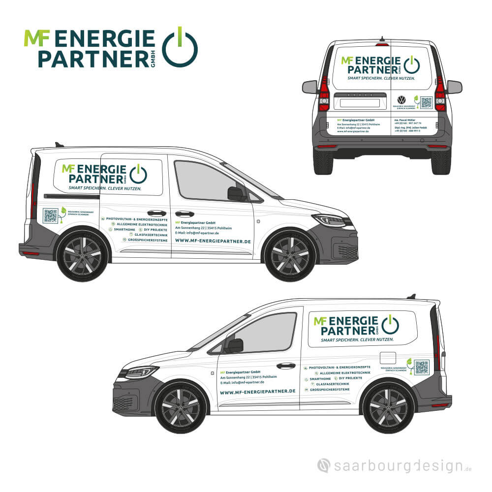Weißer Caddy mit Fahrzeugbeschriftung der MF Energiepartner GmbH