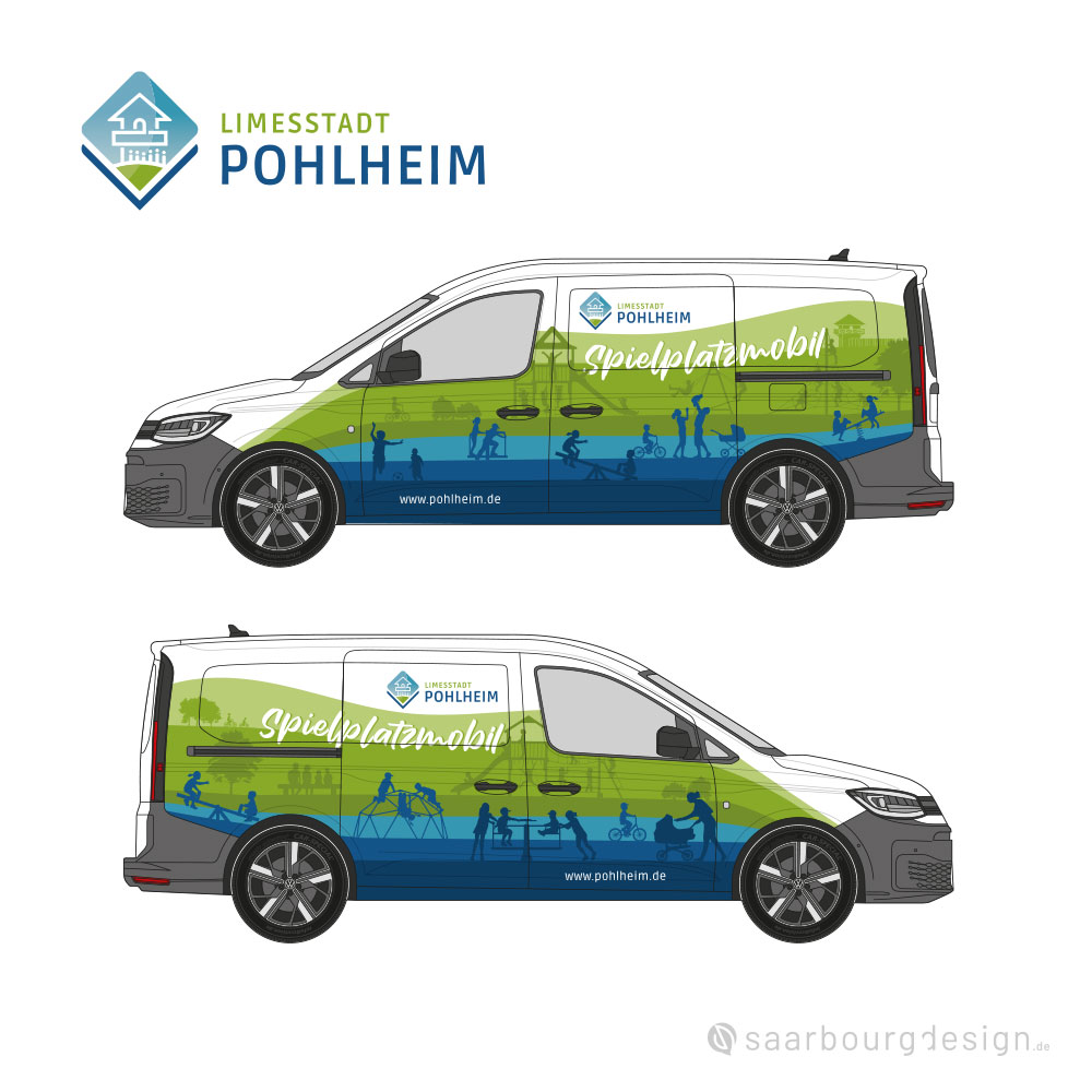 Fahrzeug mit Stadt Pohlheim Logo und Schriftzug "Spielplatzmobil"