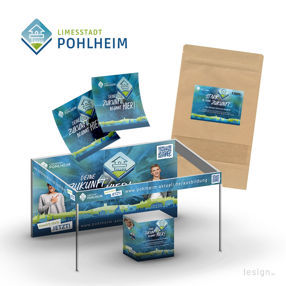 Schilder und Banner im Ausbildungsdesign der Stadt Pohlheim