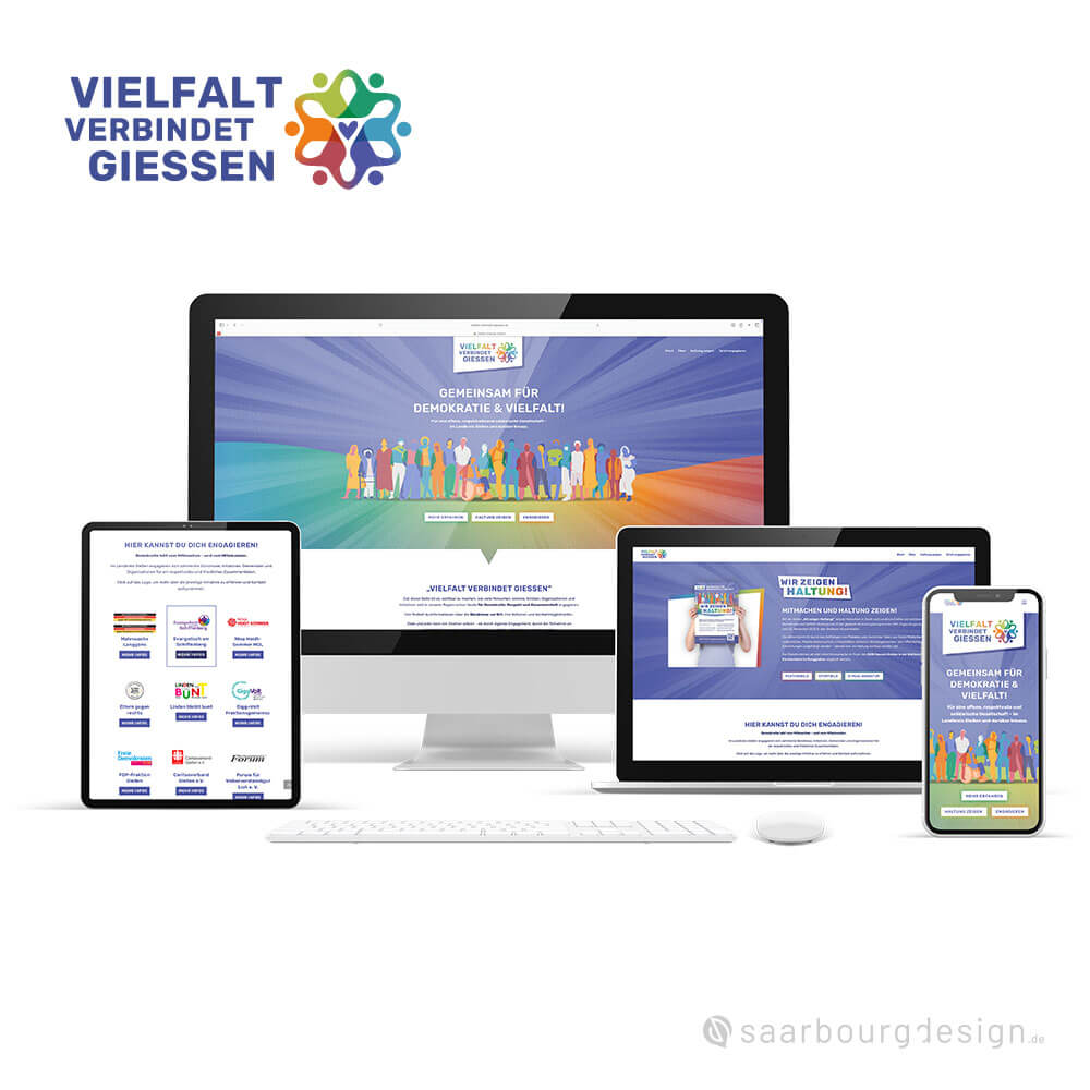 Website des Projekts Vielfalt verbindet Gießen dargestellt auf Smartphone, Tablet, Laptop und Desktop-PC.